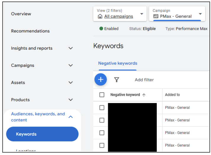 how to add negative keywords to google's pmax campaign